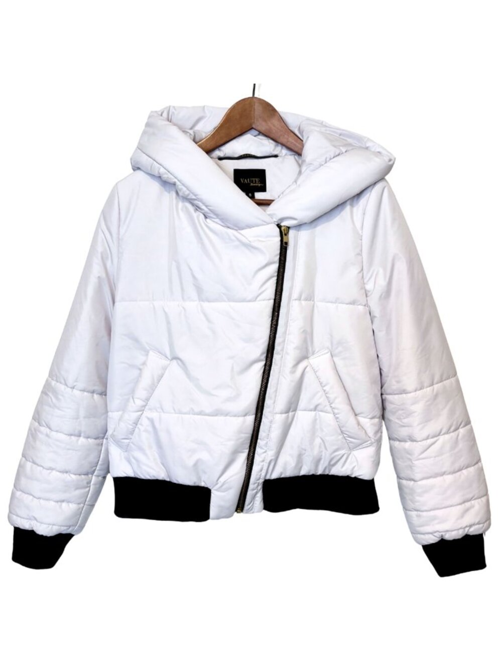 VAUTE Couture Cropped White Bomber Jacket with Asymmetrical Gold Zipper – S